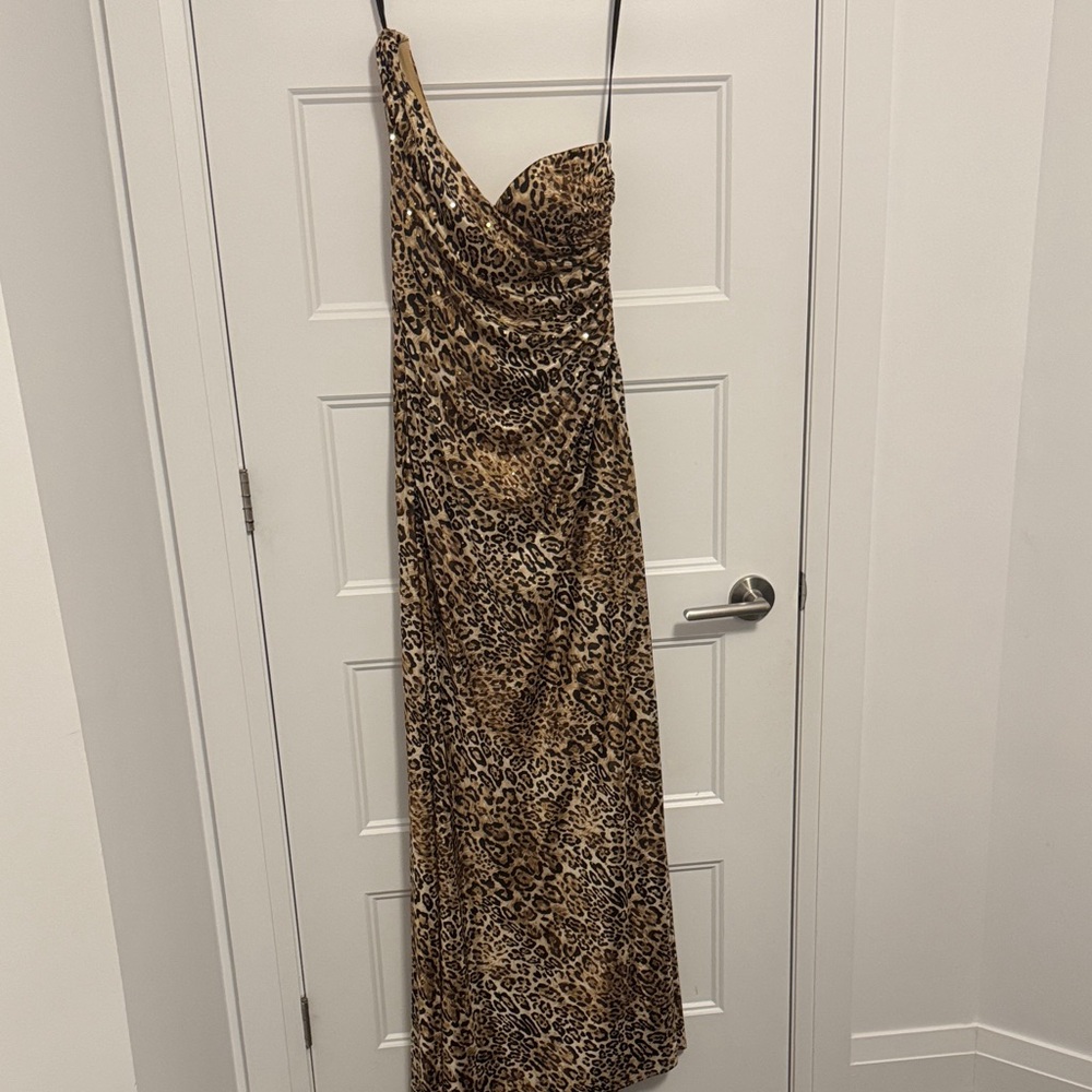 Morgan & Co. Brown Leopard Maxi One-Shoulder Dress
